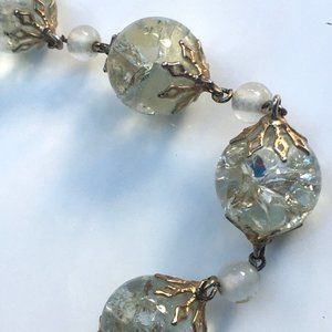 Vintage Crackle Art Glass Bead Necklace with Faux Pearls
